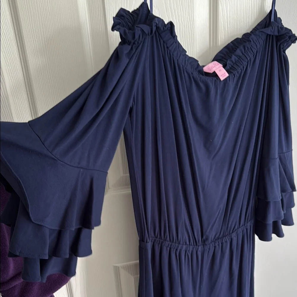 Navy Off-Shoulder Ruffle Romper - Picture 3 of 5